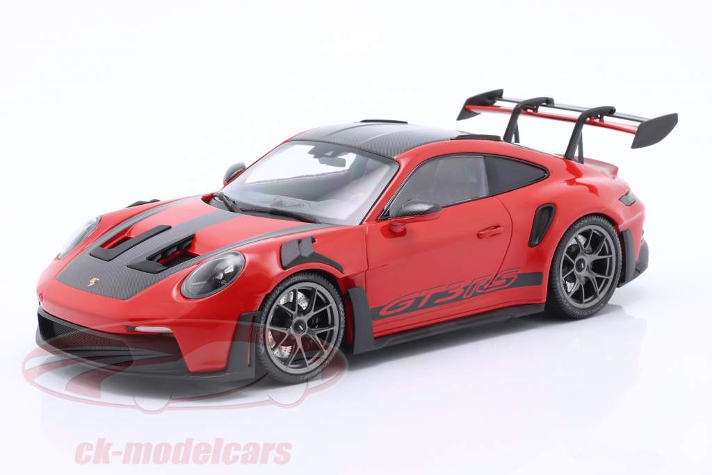 Porsche 911 (992) GT3 RS year 2023 red / silver rims 1:18 Minichamps