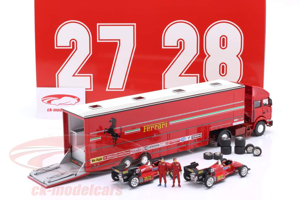 Set Transportador de corrida com Ferrari 126C4 #27, #28 Mônaco GP Fórmula 1 1984 1:43 Brumm
