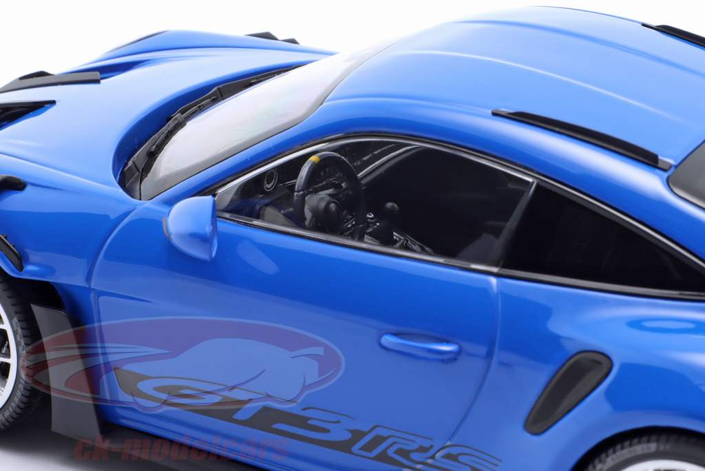 Porsche 911 (992) GT3 RS year 2023 blue / silver rims 1:18 Minichamps