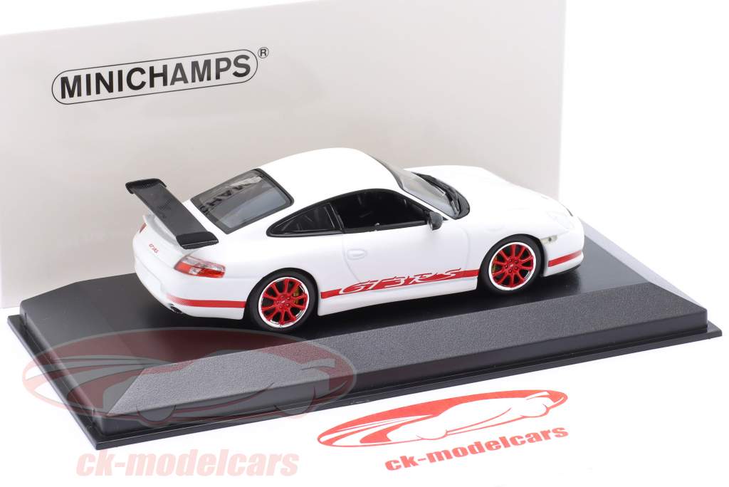 Porsche 911 (996) GT3 RS year 2002 white / red rims 1:43 Minichamps