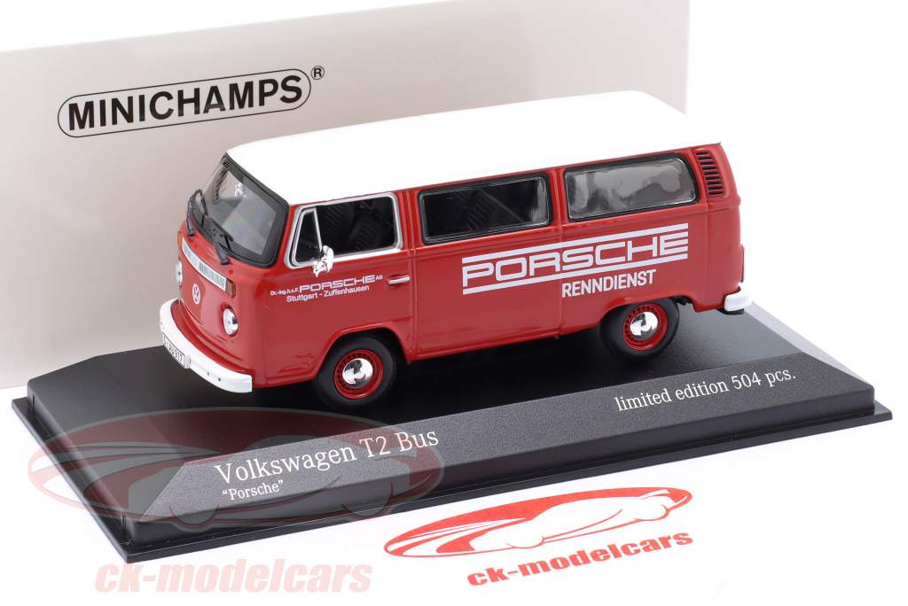 Volkswagen VW T2 autobus Porsche Renndienst 1972 rosso 1:43 Minichamps
