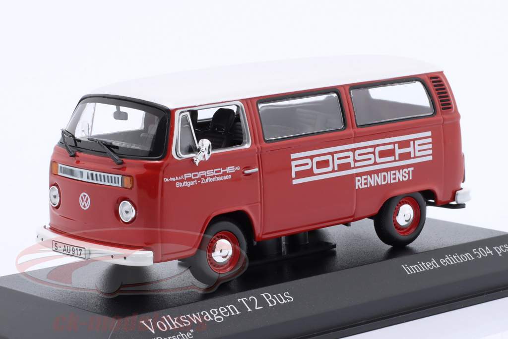 Volkswagen VW T2 bus Porsche Renndienst 1972 rød 1:43 Minichamps