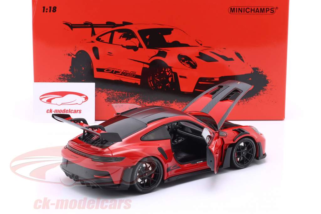 Porsche 911 (992) GT3 RS Paquete Weissach 2022 rojo / negro llantas 1:18 Minichamps
