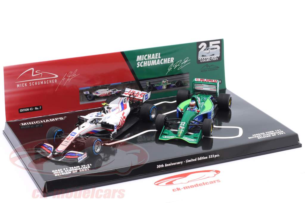 2-Car Set Schumacher Michael / Mick Belgien GP Formel 1 1991 / 2021 1:43 Minichamps