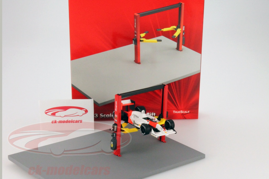 True Scale 1:43 Snap-on Twin post lift Hydraulic ramp red / yellow ...