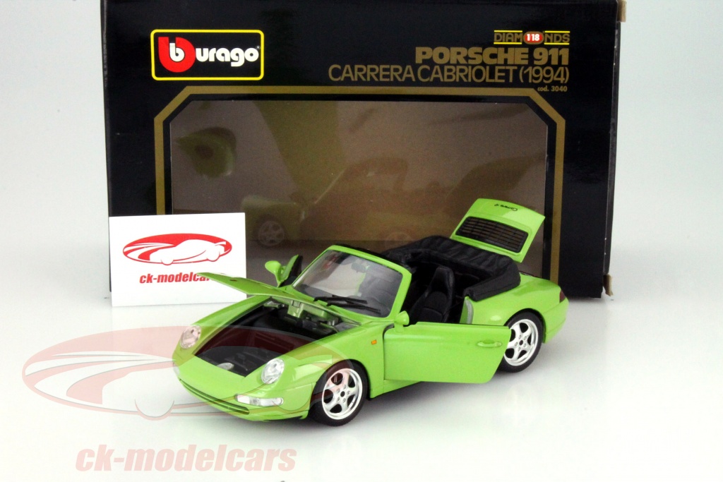 BURAGO 1/18 – Porsche 911 Carrera 1997 – Vert – Réf 3385 – Miniature Métal – Occasion