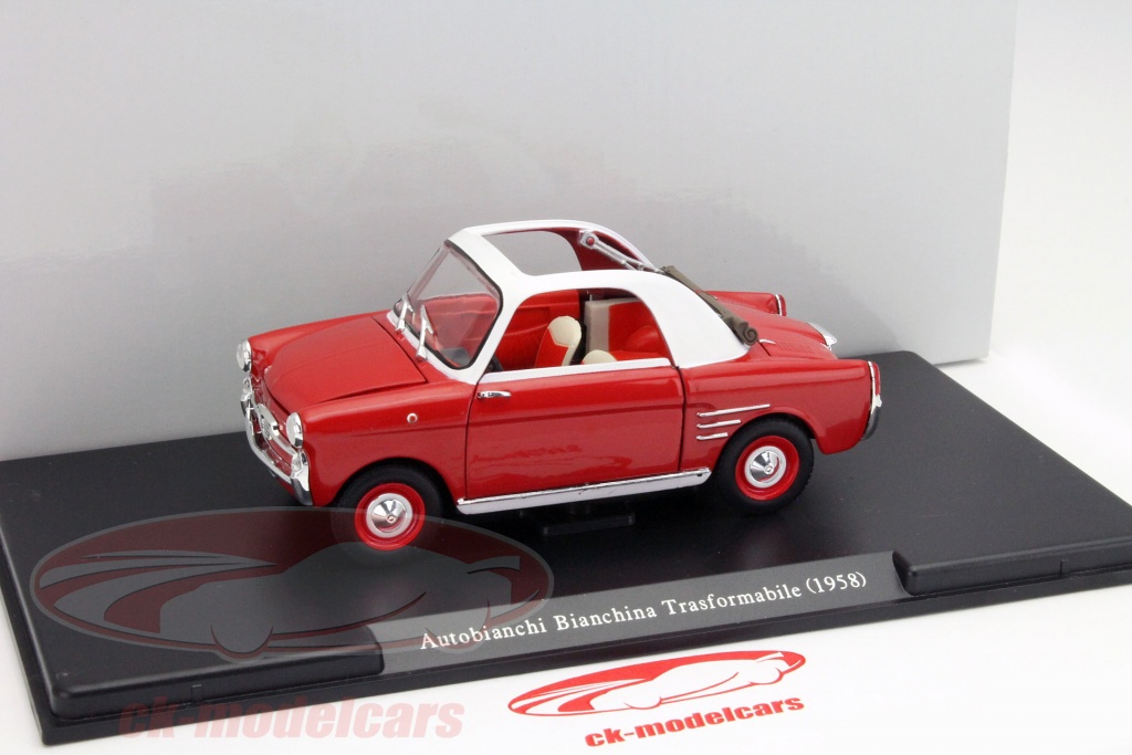 Carsonline Modellauto Autobianchi Bianchina 1958 Cabrio Rot 1/24 – Mit Vitrine & Sockel, Türen öffnen Sich