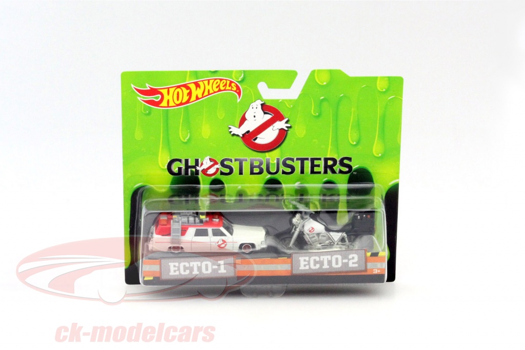 2-Car Set Ghostbusters Ecto-1 auto e Ecto-2 bicicletta bianco 1:64 HotWheels