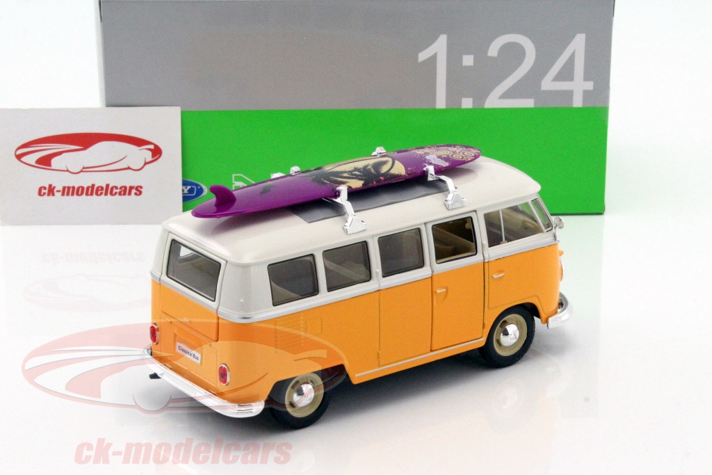 Modellauto VW Classical Bus T1 1962 gelb weiß mit Surfbrett 1:24