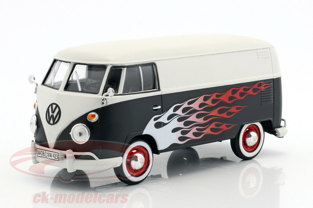 Volkswagen VW Type 2 T1 bus Hot Rod måtten sort / hvid med flammer 1:24 MotorMax