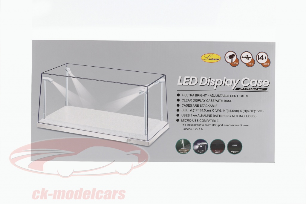 Vitrine de boîte transparente avec éclairage à LED pour modèles réduits de voitures au format 1:18 4 lampes à LED Triple9 fond blanc