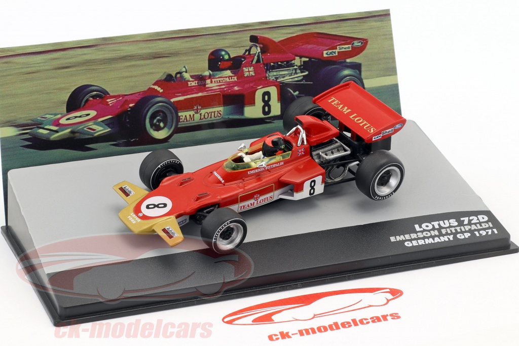 Voiture Miniature 1/43 F1 Lotus 72D Emerson Fittipaldi GP Allemagne 1971 - Modèle Métal Avec Socle