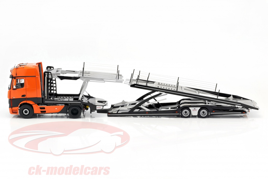 Set Mercedes-Benz Actros mit Lohr Autotransporter orange / silber 1:18 NZG