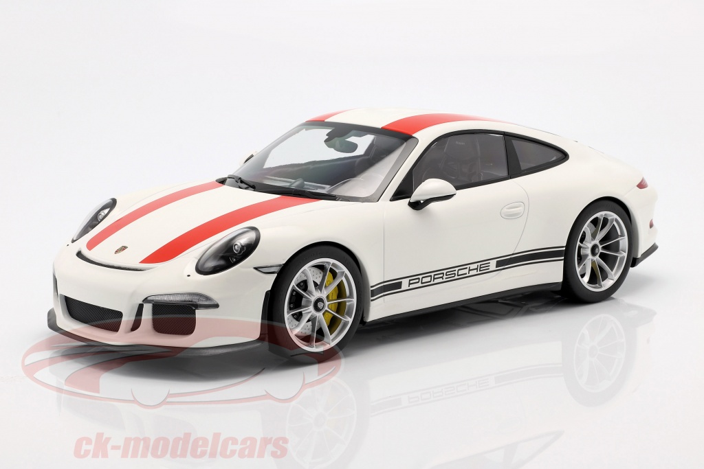 Porsche 911 (991) R Baujahr 2016 weiß mit roten Streifen 1:12 Minichamps