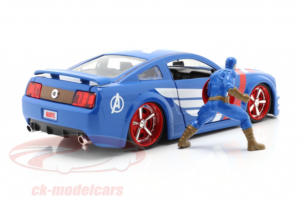 Voiture Ford Mustang GT 2005 Captain America – Jada Marvel – échelle 1:24 – Bleue – Portes, Capot Et Coffre Ouvrants