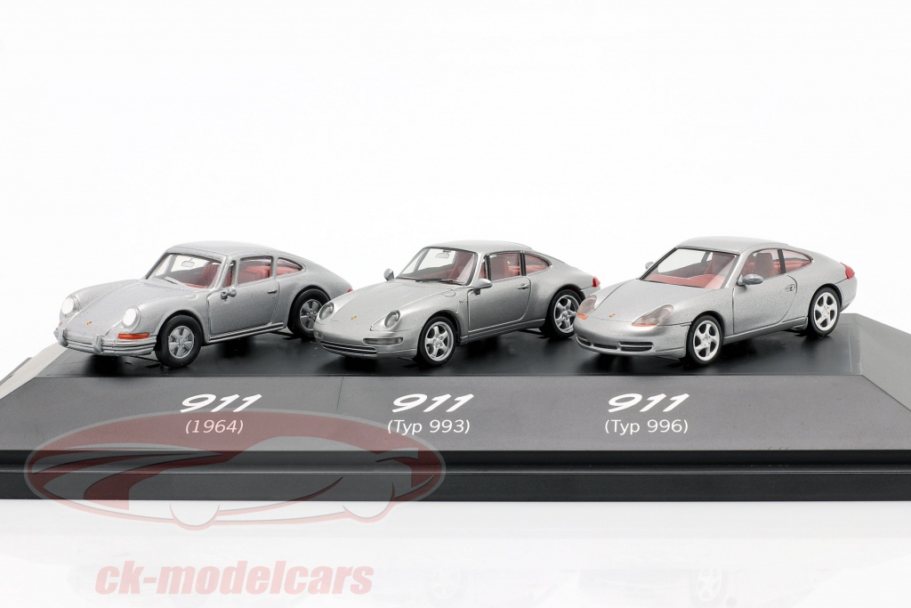3-Car Set Porsche 911 (1964 / Typ 993 / Typ 996) silver gray 1:87 Herpa