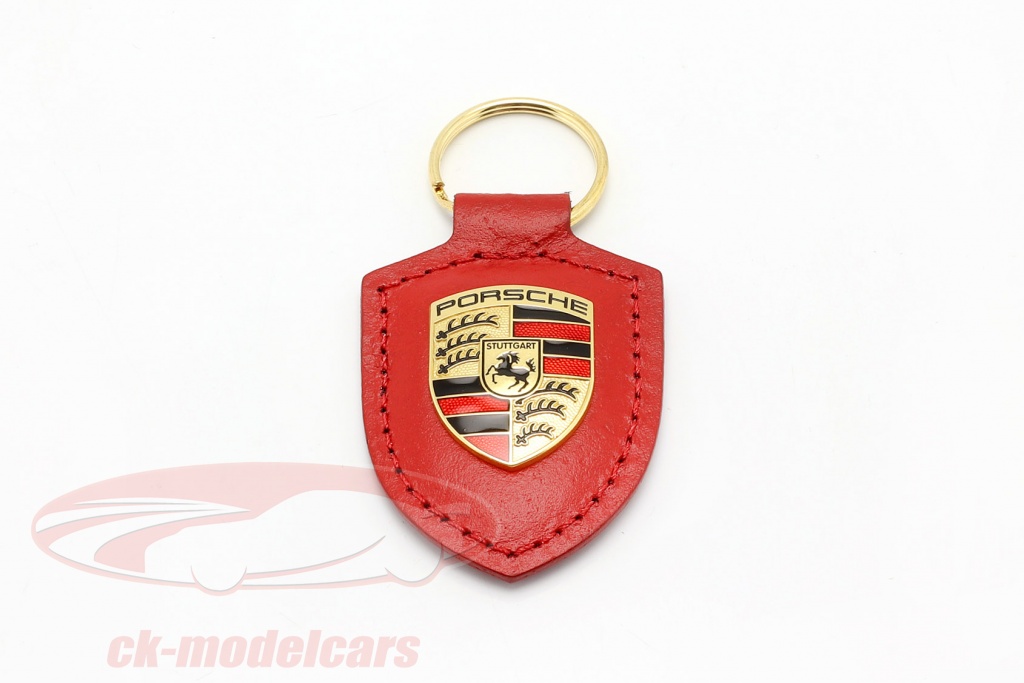 Porsche Schlüsselanhänger mit Wappen, Leder, Rot