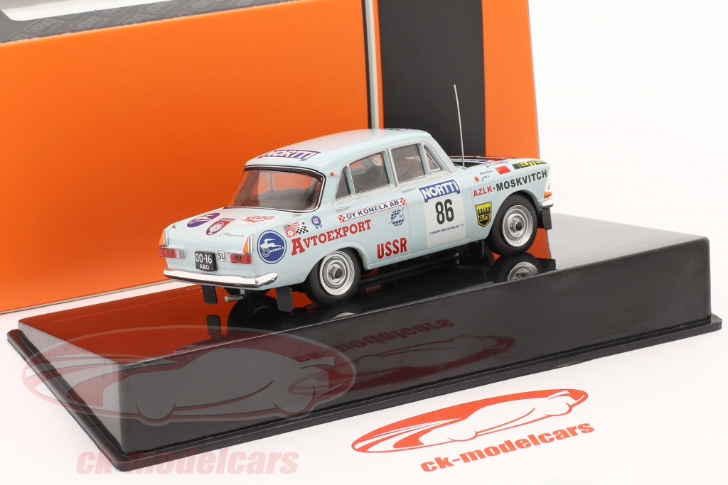 Modellino IXO 1/43 Moskvitch 412 #28 Rally Londra-Messico 1970, Con Custodia E Stand