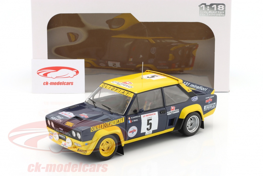 Miniature Solido 1/18 - FIAT 131 ABARTH N°5 Tour De Corse 1977 (Darniche/Mahé) - Bleu Et Jaune, Neuve