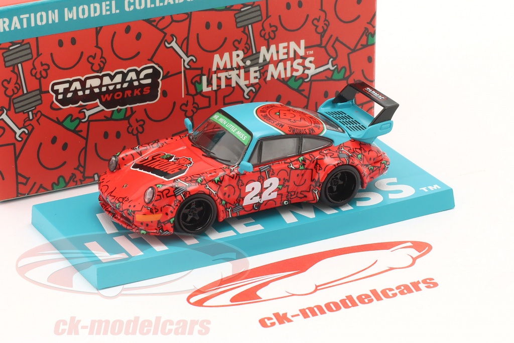 Tarmac Works T64-037-MR RWB 964 #22 Red and Blue Mr. Strong Graphics Mr. Men Little Miss con estuche de exhibición de contenedor 1/64