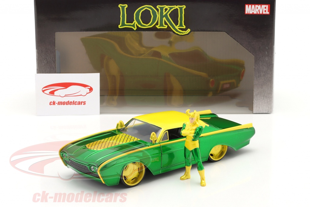 Voiture Miniature Jada 1:24 Ford Thunderbird 1963 Avec Figurine Marvel Loki Vert - Boîte Neuve