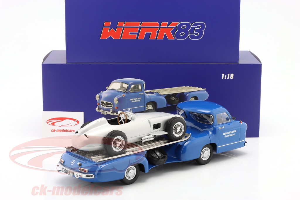 Werk83 1:18 Set: Mercedes-Benz Renntransporter Blaues Wunder mit 