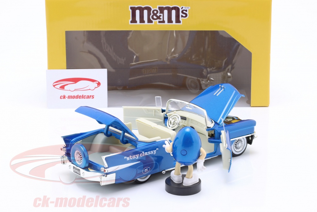 1956 Cadillac Eldorado con Figura M&Ms Blue Hollywood Rides Jada Toys Escala 1:24 1956 Cadillac Eldorado con Figura M&Ms Blue Hollywood Rides Jada Toys Escala 1:24