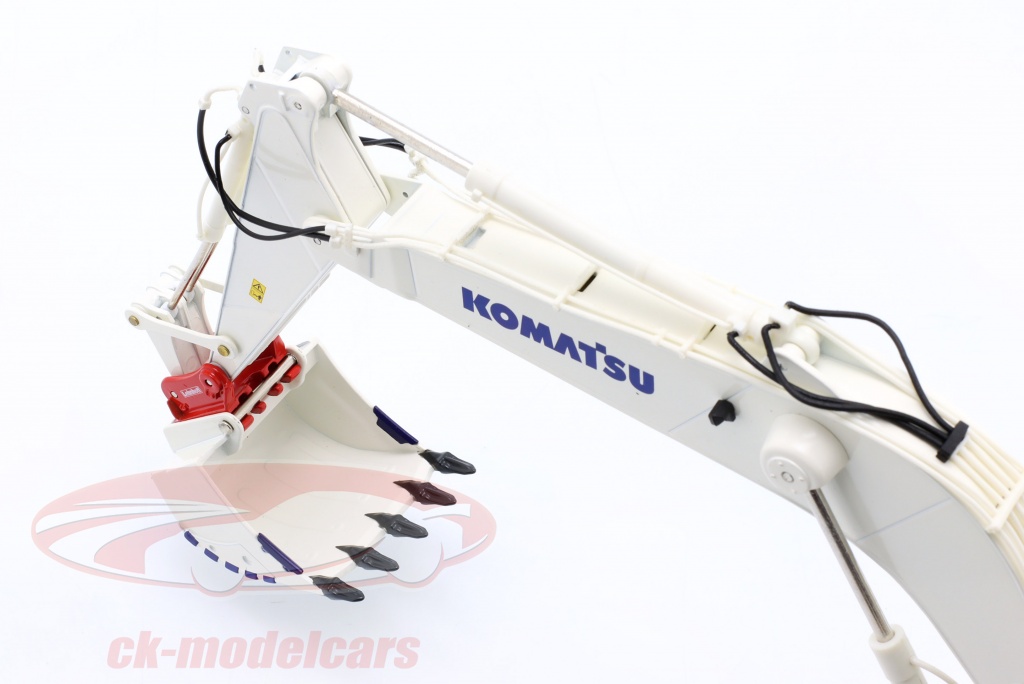 Pelle Komatsu PC1250-11 Avec Attache Rapide Lehnhoff – Modèle NZG 1:50, Blanc, échelle Précise