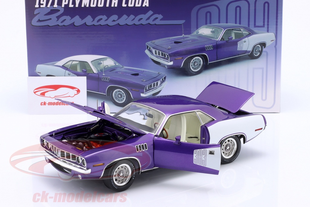 Modèle Réduit Plymouth 383 Cuda 1971 1:18 Acme - Violet Et Blanc - Portes Ouvrantes - Neuf