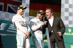 Nico Rosberg, Lewis Hamilton, Arnold Schwarzenegger F1 Australien 2015
