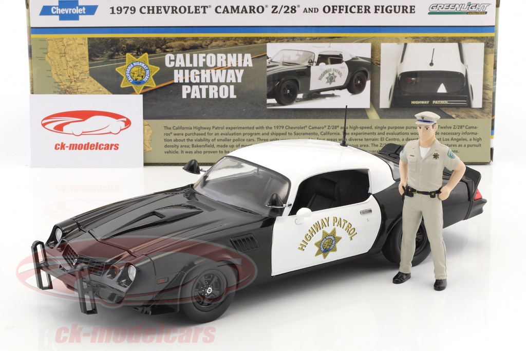 Chevrolet Camaro Z28 Highway Patrol Year 1979 Black White With Figure Police Officer 1 18 Greenlight