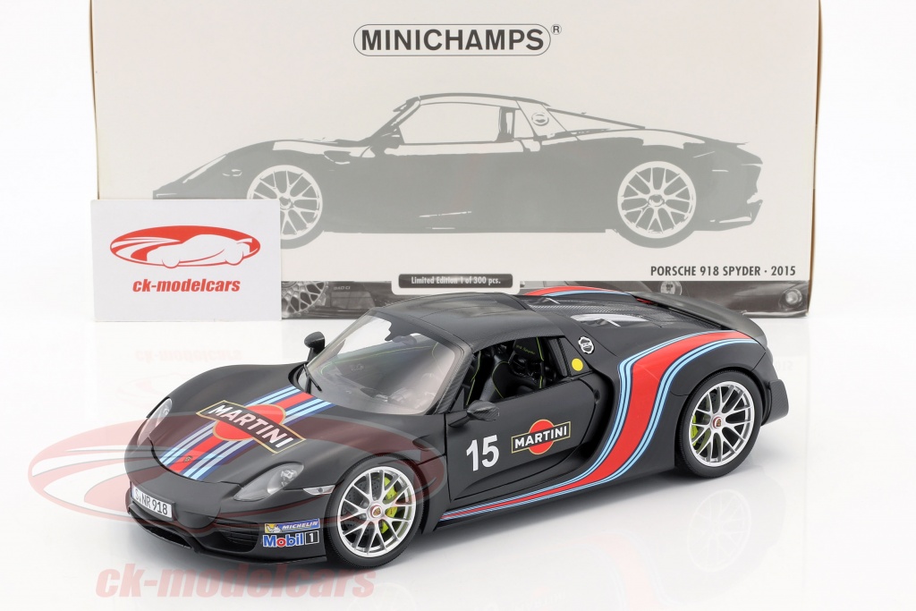 Porsche 918 Spyder Weissach Package Year 2015 Mat Black With Martini Stripes 118 Minichamps