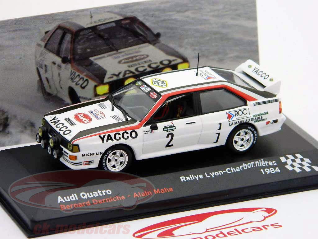 Audi Quattro White, Red and Black Number 2 - Rally Lyon - Charbonnières 1984 – 1/43 Scale Model Car | Buy Collection Model – Bernard Miniatures